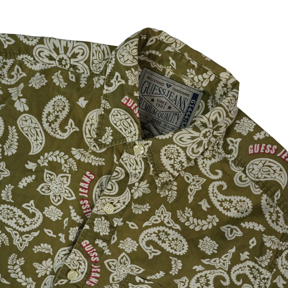 Guess Jeans Shirt Mens L Green Paisley Short Sleeve Vintage Y2K Cotton Beach